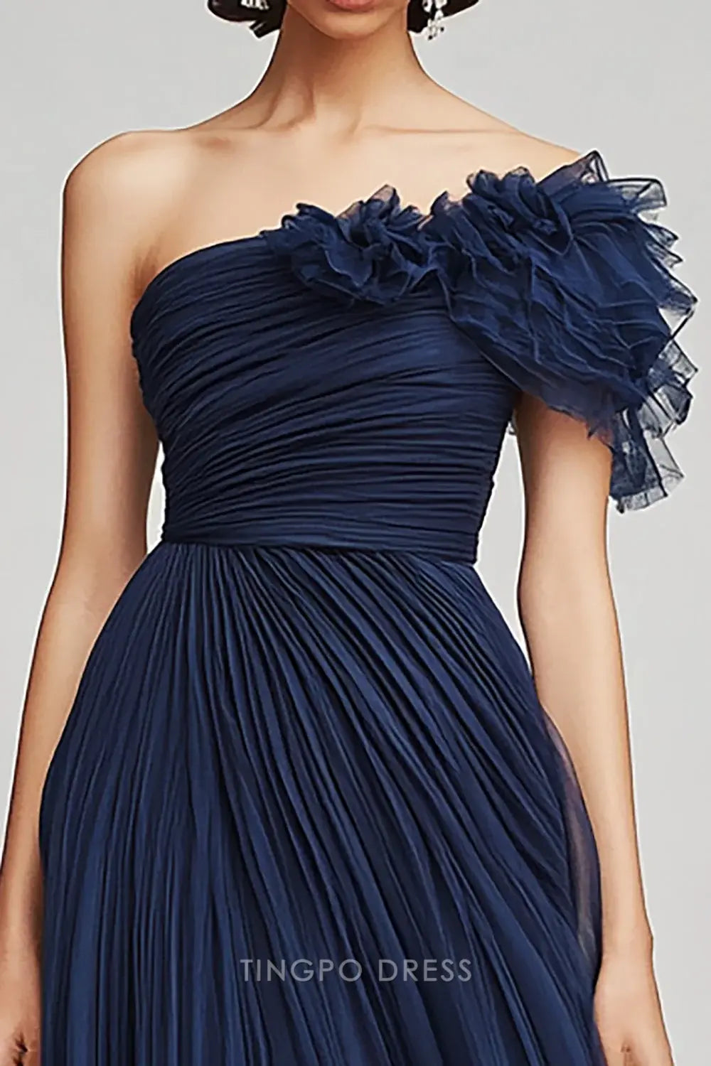 Elegant Navy Tulle A Line Long One - Shoulder Ruffled Tulle Formal Dress with Ruffles Maxi Dress  Prom Dress